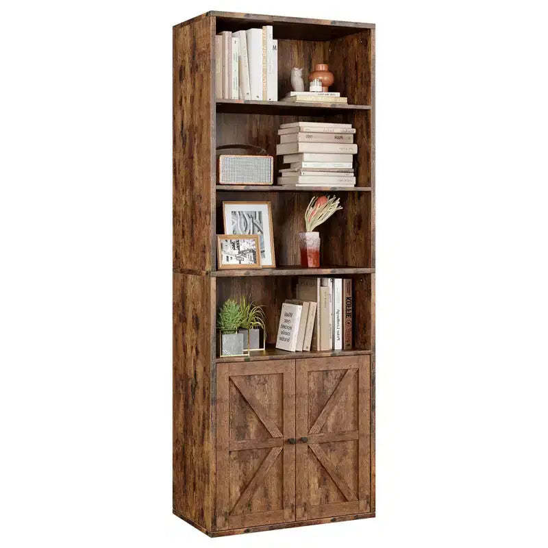 Retro Brown 71.4 Tall Farmhouse Bookcase Set of 2 C 6-Tier Industrial Shelves with Barn Doors for Living Room/Bedroom/Office