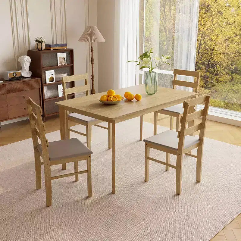 MAYEERTY 5-Piece Solid Wood Dining Table Chair Set, Natural Wood Color Rectangle Table + 4 Back Chairs for Dining Room