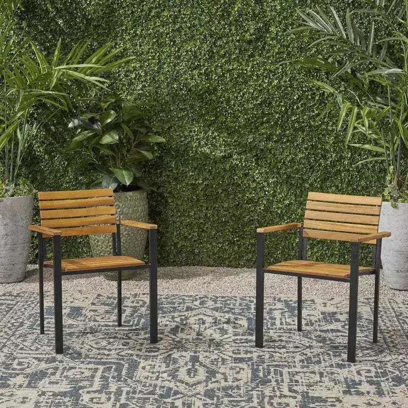 MAYEERTY Acacia Wood Outdoor Dining Armchair Set, Slat Panel Modern Industrial Style Stable Slatted Chairs for Patio Backyard