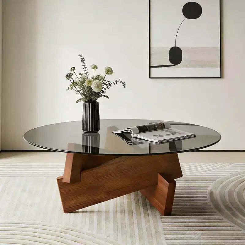 GDFStudio Norwood Modern Round Coffee Table with Tempered Glass Top and Walnut Wood Base