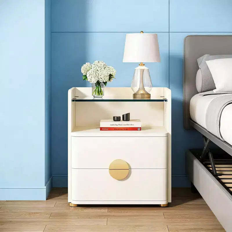 2-Drawer Nightstand, Modern Bedside Table with Open Storage