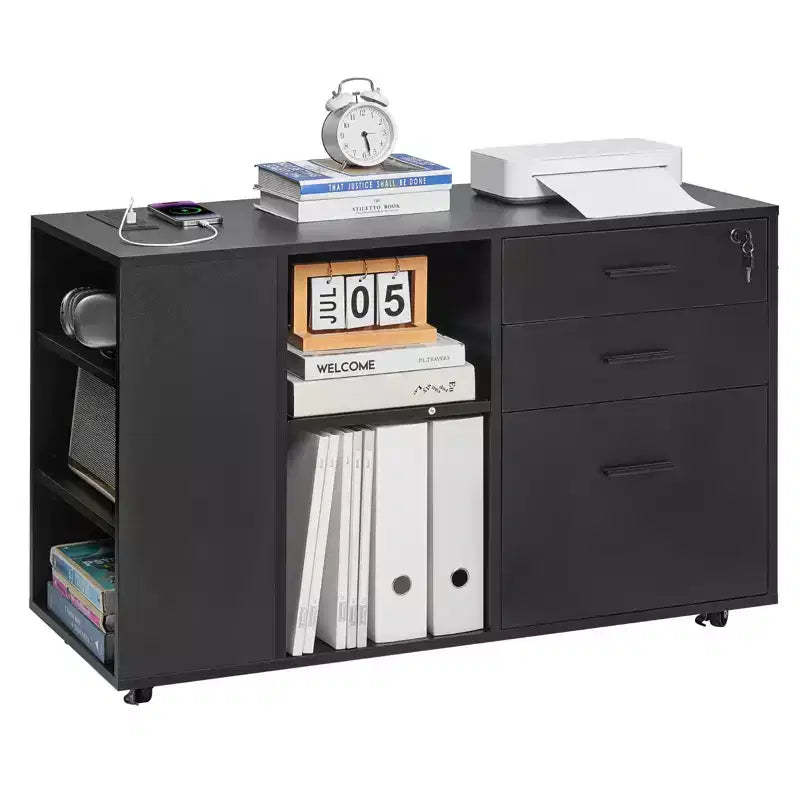 3-Drawer Mobile File Cabinet with Power Strip Lockable Rolling Storage with Shelves Black