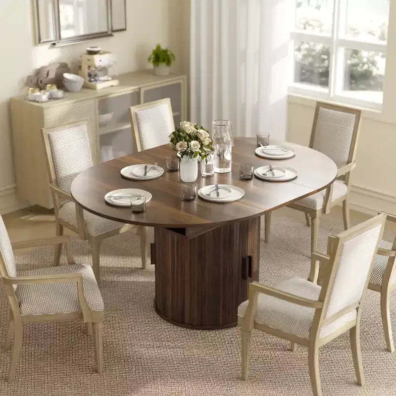 HOMCOM Extendable Dining Table for 6, 60 Inch Farmhouse Oval Kitchen Table with 2-Tier Storage Shelf and Fluted Sliding Doors