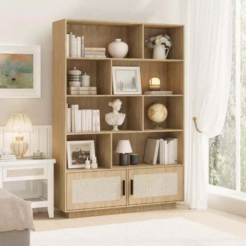 5 Tier Rattan Bookshelf with Storage Cabinet & Door, Tall Industrial Book Shelf with Storage, 5 Shelf Bookcase for Living Room, Bedroom