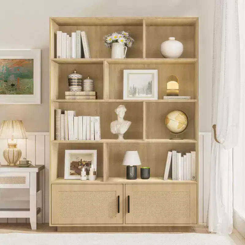 5 Tier Tall Bookshelf with Display Shelves, Rattan Classical Book Shelf with Storage, 5 Storage Bookcase with Metal Frame