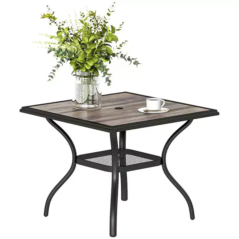 Outsunny Outdoor Dining Table for 4, 37 Square Patio Table with Umbrella Hole, Storage Shelf and Faux Wood Top for Garden, Backyard, Deck, Gray
