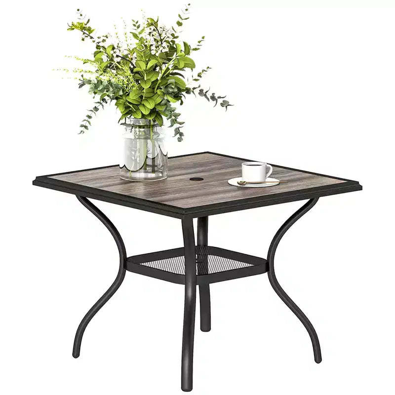 Outsunny Outdoor Dining Table for 4, 37 Square Patio Table with Umbrella Hole, Storage Shelf and Faux Wood Top for Garden, Backyard, Deck, Gray