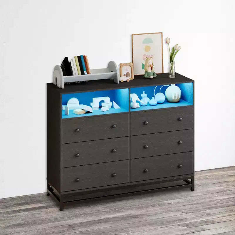6-Drawer Dresser with Charging Station & LED Lights  Long Wood TV Stand Chest for Bedroom, Living Room or Entryway