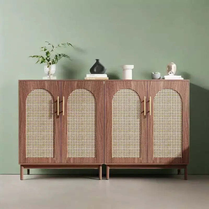 Sideboard Buffet Set of 2, Accent Rattan Storage Cabinet with DoorsBrwo