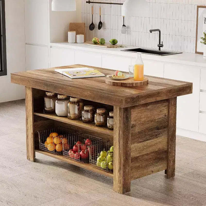 Lantine 55 Inches Kitchen Island with Storage, 3-Tier Wooden Stationary Island Table, Modern Bar Table with Storage Shelf for Kitchen, Rustic Brown