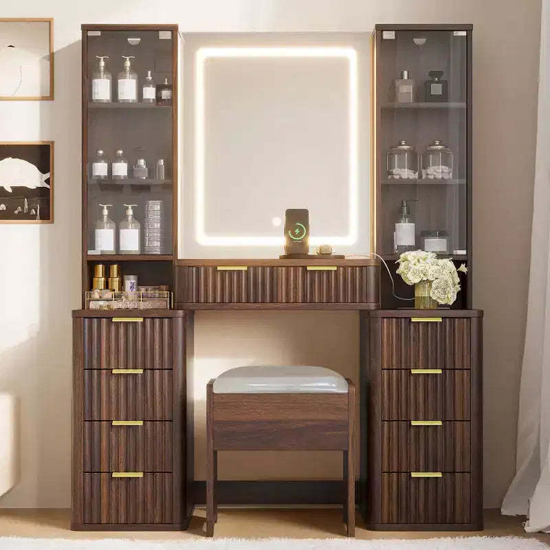 JVNOXK 43.5-inch Modern Vanity Set with Mirror and Light, Featuring Drawers and Clear Glass Cabinet, Includes Stool and Charging Station, Brown