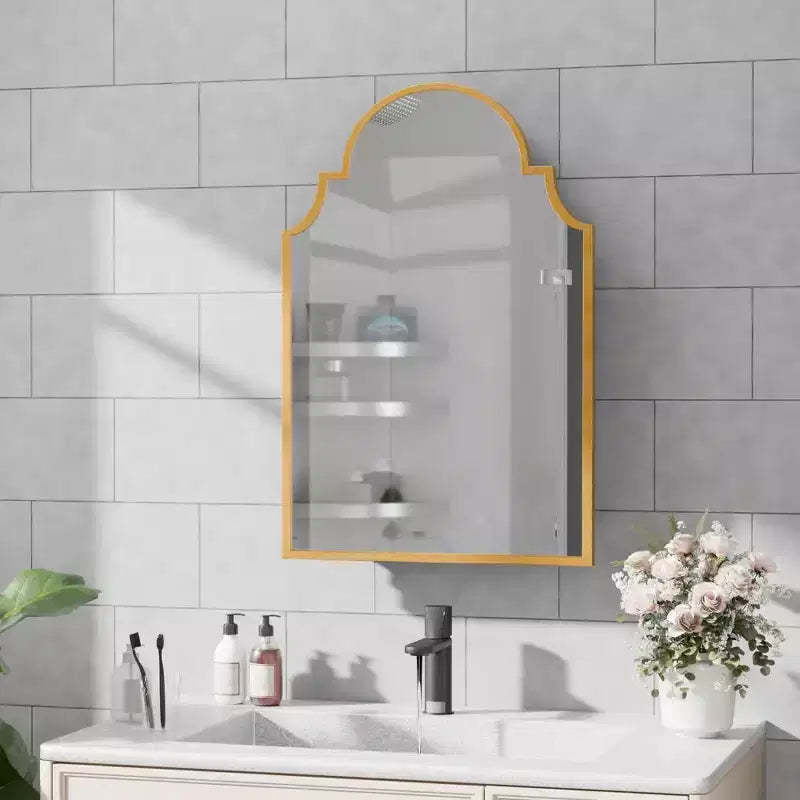 19.5 x 29.64 Inch Gold Arch Wrought Iron Framed Medicine Cabinet With Mirror, Wall-mounted Mirror Cabinet For Bathroom