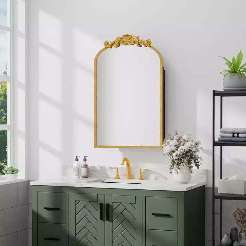 19.5 x 29.64 Inch Gold Arch Wrought Iron Framed Medicine Cabinet With Mirror Carved Mirror Cabinet For Bathroom