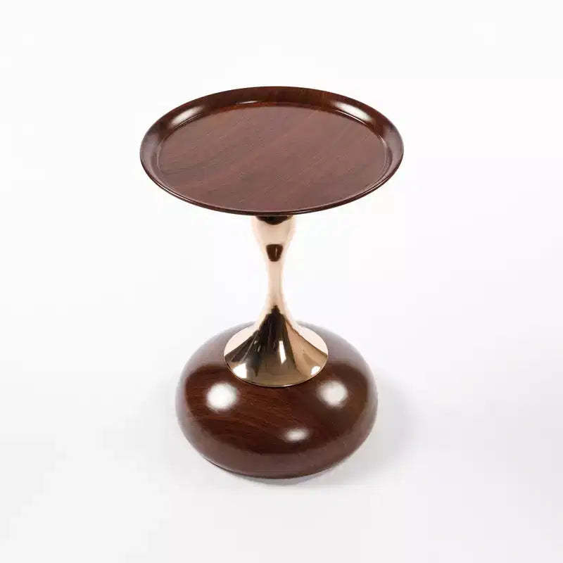 VIYET 21 Mermaid Tail Round End Table, Art Deco Metal Pedestal Accent Table, Minimalist Tray-Style Side Table for Small Spaces (Walnut Brown)