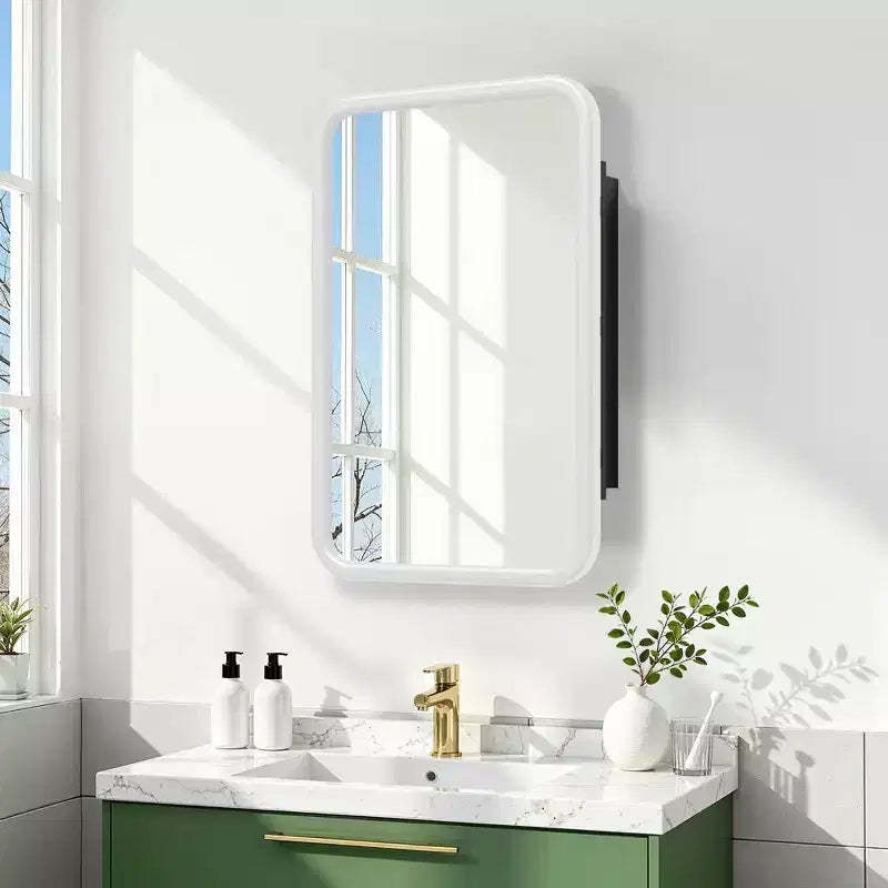19.5 x 29.64 Inch White Rounded Rectangular Wrought Iron Framed Medicine Cabinet With Mirror, Wall-mounted Mirror Cabinet For Bathroom