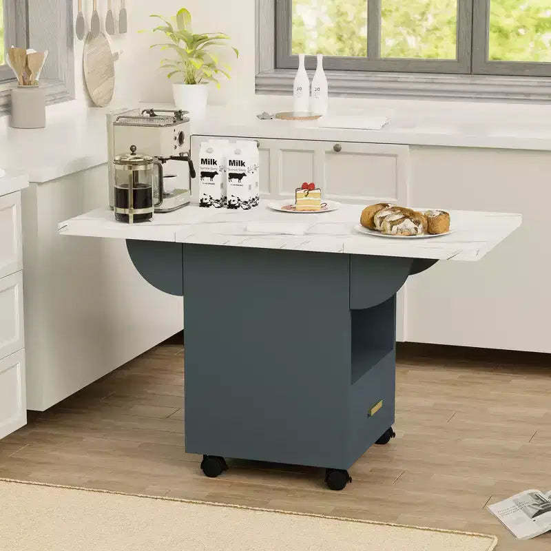 MAYEERTY Folding Kitchen Island Table, Marble Texture Dining Table with Wheels, Storage Drawer & Rack, Space-Saving Multi-Purpose Table
