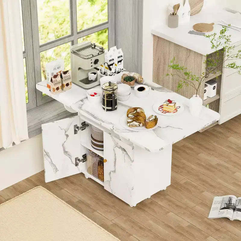 MAYEERTY Folding Kitchen Island Dining Table, Marble Texture Table with Storage Cabinet & Wheels, Multi-Purpose Space-Saving Table