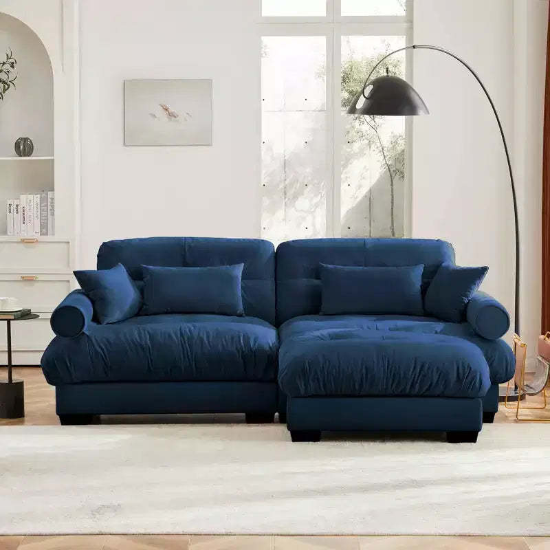 MAYEERTY Modern Two Seater Sofa with Ottoman 2 Round Bolster Armrest Waist Pillows Thrown Pillows for Living Room Blue