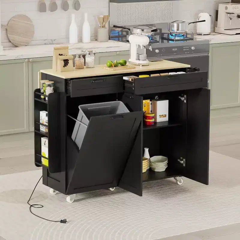 Kitchen Island on Wheels with Storage, Kitchen Island Cart with Trash Can & Electrical Outlets, Portable Rolling Kitchen Island with Adjustable Shelf