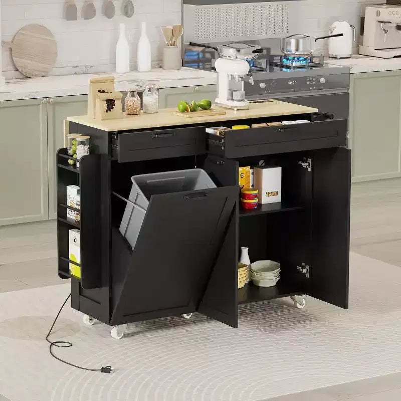 Kitchen Island on Wheels with Storage, Kitchen Island Cart with Trash Can & Electrical Outlets, Portable Rolling Kitchen Island with Adjustable Shelf