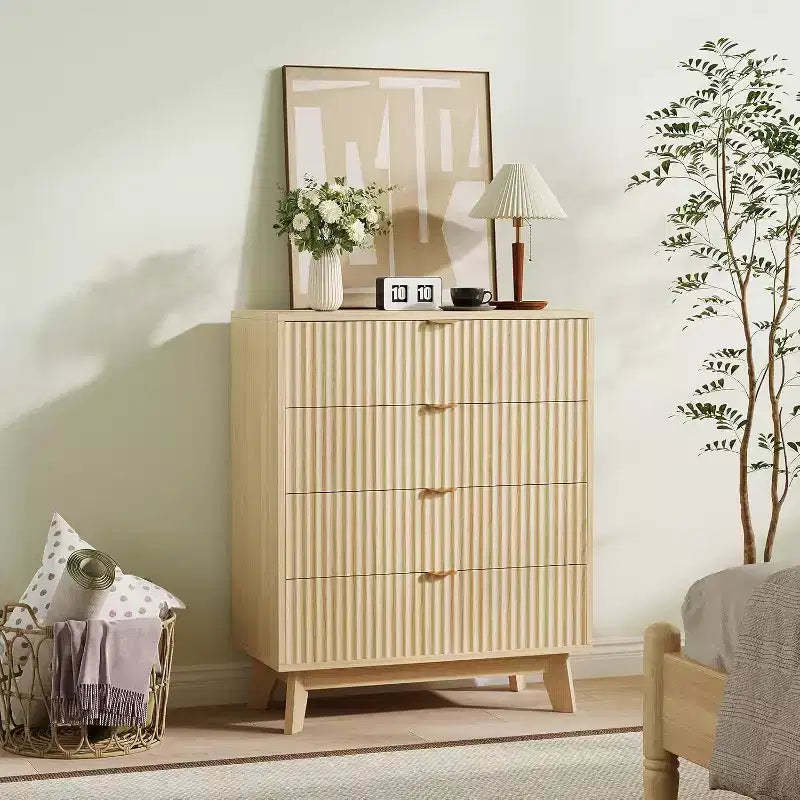 4 Drawer Dressers, Modern Fluted Closet Dressers Chest of Drawers, Wood Storage Dresser Chest of Drawers Organizer for Bedroom Living Room, Hallway