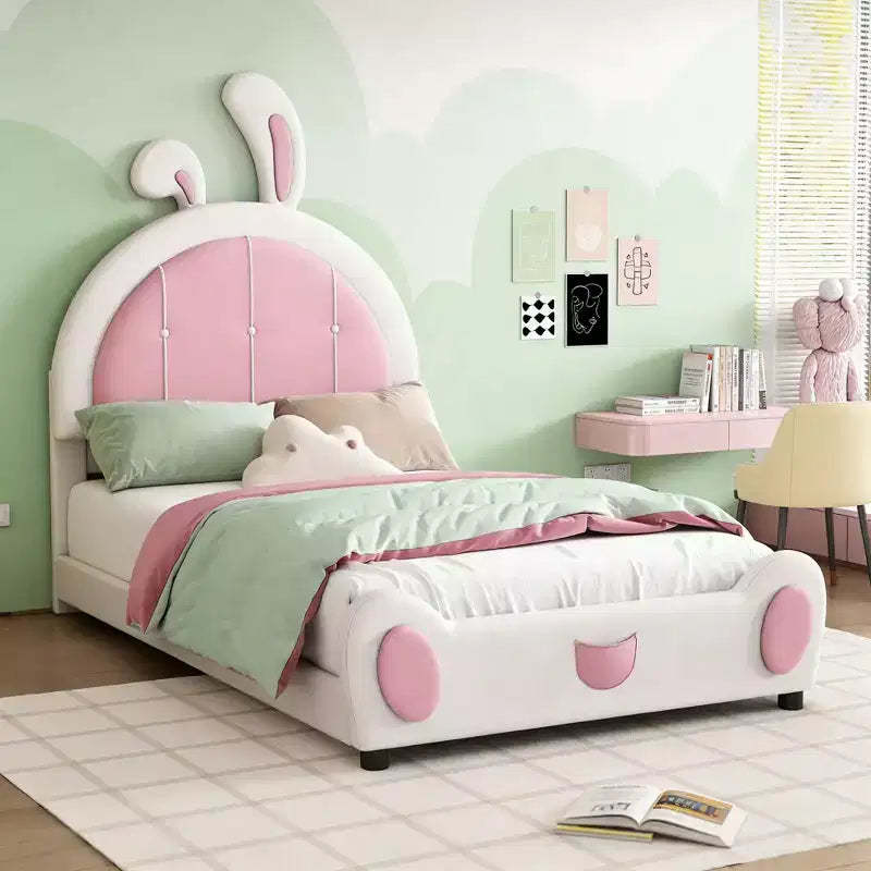 Luxystar Twin Size Upholstered Platform Bed with Rabbit Shaped Headboard, White+Pink