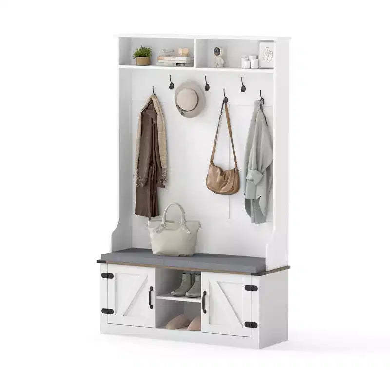 Costway 68.5'' 4-in-1 Hall Tree w/Cushioned Bench Shoe Storage 7 Hooks 2 Cabinets White