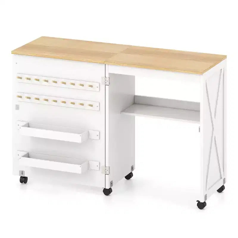 Costway Folding Sewing Table w/ Compact Design Storage Shelf 2 Trays and 18 Pegs