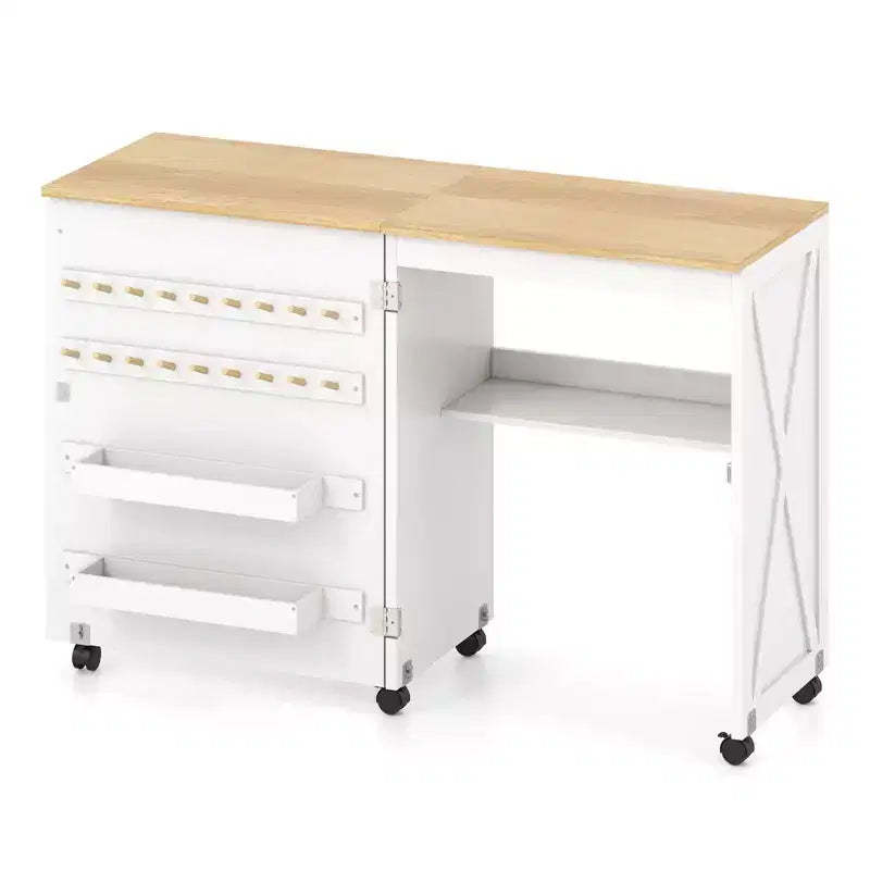 Costway Folding Sewing Table w/ Compact Design Storage Shelf 2 Trays and 18 Pegs