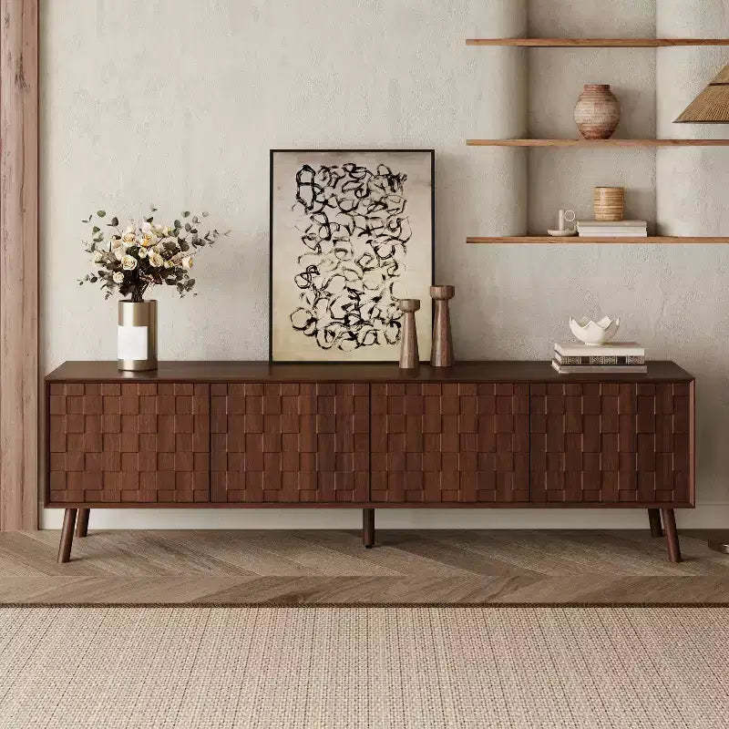 GDFStudio Lakelyn70 Modern TV Stand with Solid Wood Legs and Textured Square Pattern Doors