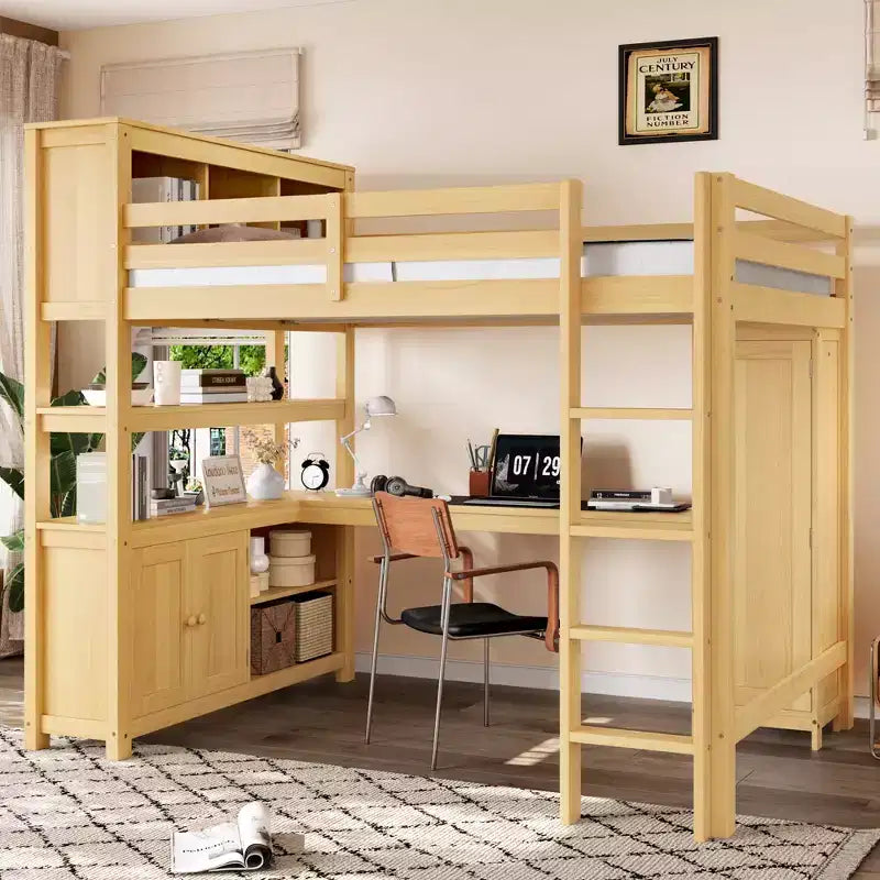 Bellemave Wood Loft Bed with Cabinet and Bookshelf, Queen Size Loft with Wardrobe and Desk for Kids,Natural
