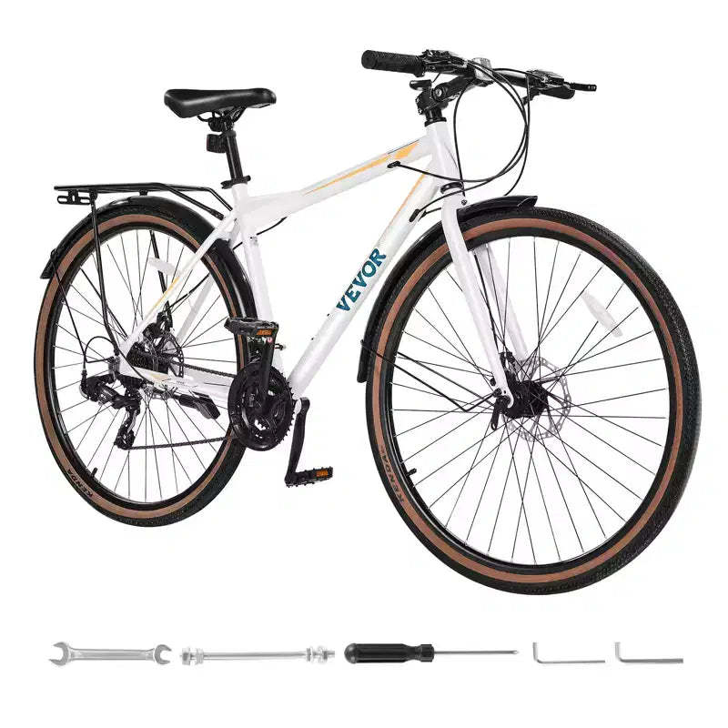VEVOR Hybrid Bike, Lightweight Aluminum Frame Bike, 700c Wheel Men Women Hybrid Bicycle, Step-Over Adult Urban City Commuter Bikes, White