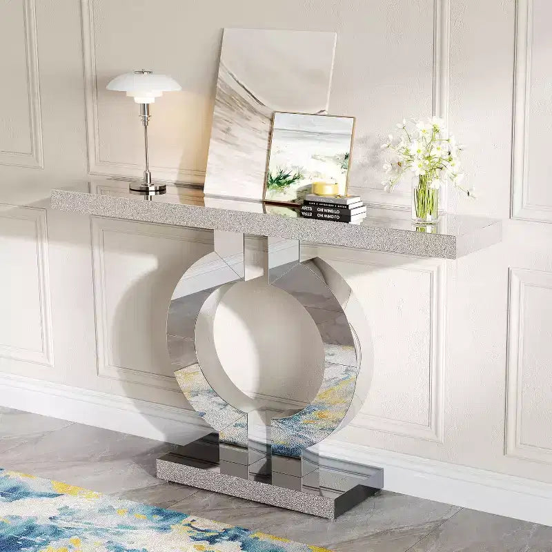 Lantine 43-Inch Mirrored Console Table with O-Shaped Base, Glass Entryway and Sofa Table for Living Room, Hallway, Mirrored Finish