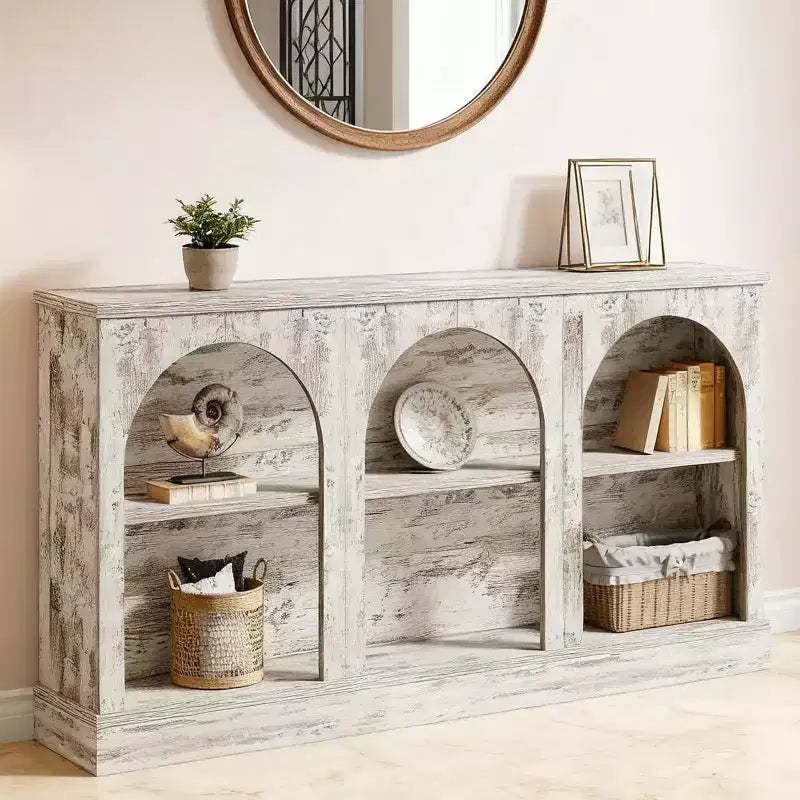 Lantine 63-Inch Narrow Entryway Table with 3-Tier Shelf, Modern Farmhouse Console Table for Hallway, Living Room, Distressed White