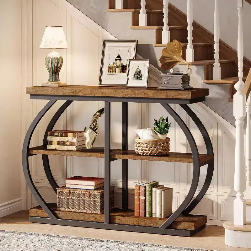 Lantine 41.3 Console Table, Industrial 3-Tier Entryway Table with Arched Metal Frame and Storage Shelves for Living Room, Hallway, Rustic Brown
