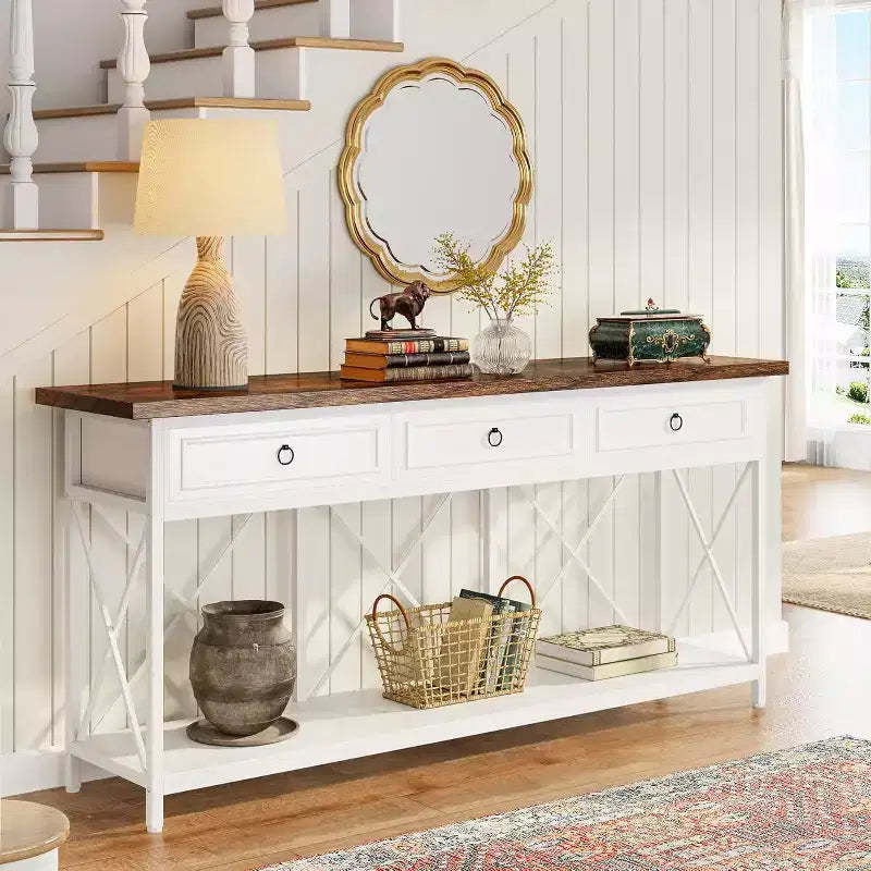Lantine 70.8-Inch Console Table with 3 Drawers, Farmhouse Entryway Table with Storage Shelf for Entryway, Hallway, White & Brown
