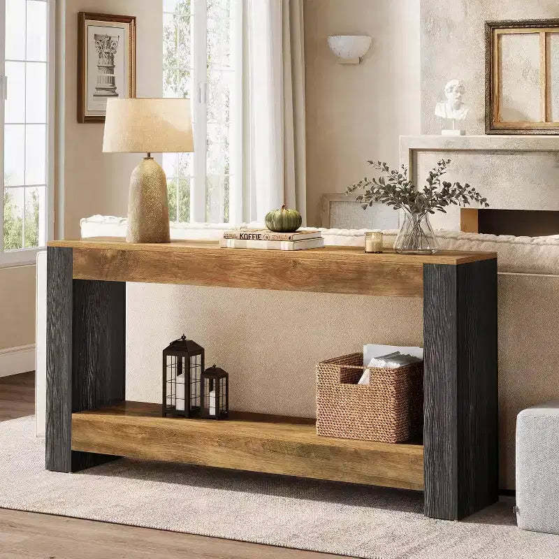 Lantine 63-Inch Long Console Table for Entryway, Farmhouse Wood Sofa Table Behind Couch for Living Room, Hallway, Rustic Brown & Black