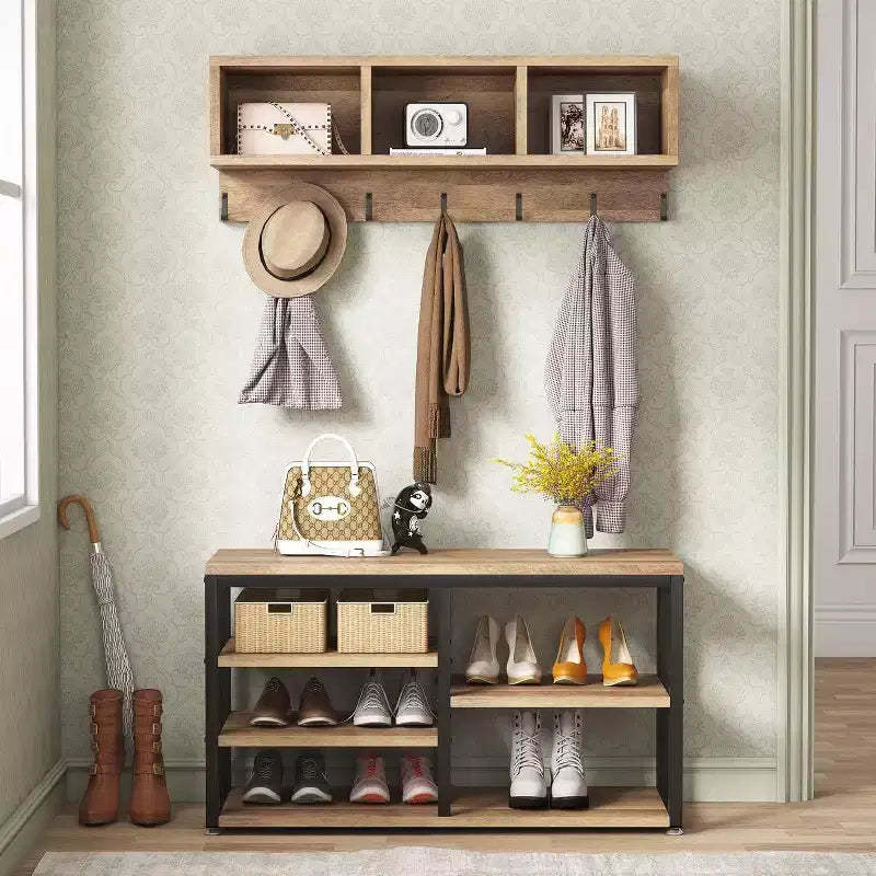 Lantine Coat Rack Set, Hall Tree with Industrial Shoe Bench, 3 Storage Cubbies & 7 Hooks, 5-in-1 Design for Entryway/Hallway, Vintage Oak