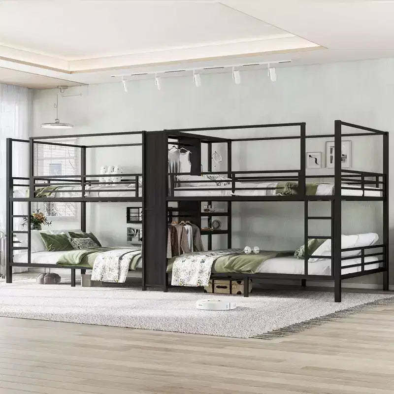 Queen size Quadruple Metal Bunk BedQuadruple Metal Bunk Bed with Built-in Storage Shelves and WardrobeSturdy Metal Frame with Noise-reduced Design