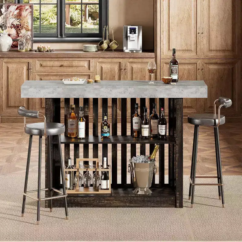 63 Long Bar Table - Counter Bar Height Pub Table with 2 Tier Storage Shelves, Modern Coffee Breakfast Bar Unit for Dining Room, Bistro, Living Room