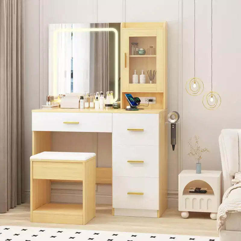 Vanity Desk with Mirror and Lights,Modern Makeup Dressing Table with Built In Outlets, Storage Stool,4 Drawers & Hair Dryer Holder