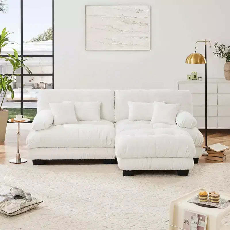 MAYEERTY Cloud Sectional Sofa with 2 Seater 2 Lumbar Pillows 2 Throw Pillows Upholstered Wide Arm Convertible Ottoman for Living Room White