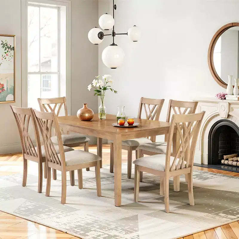 GDFStudio Marcus Modern 7 Piece Rubber Wood Dining Table Set with 6 Upholstered Chairs