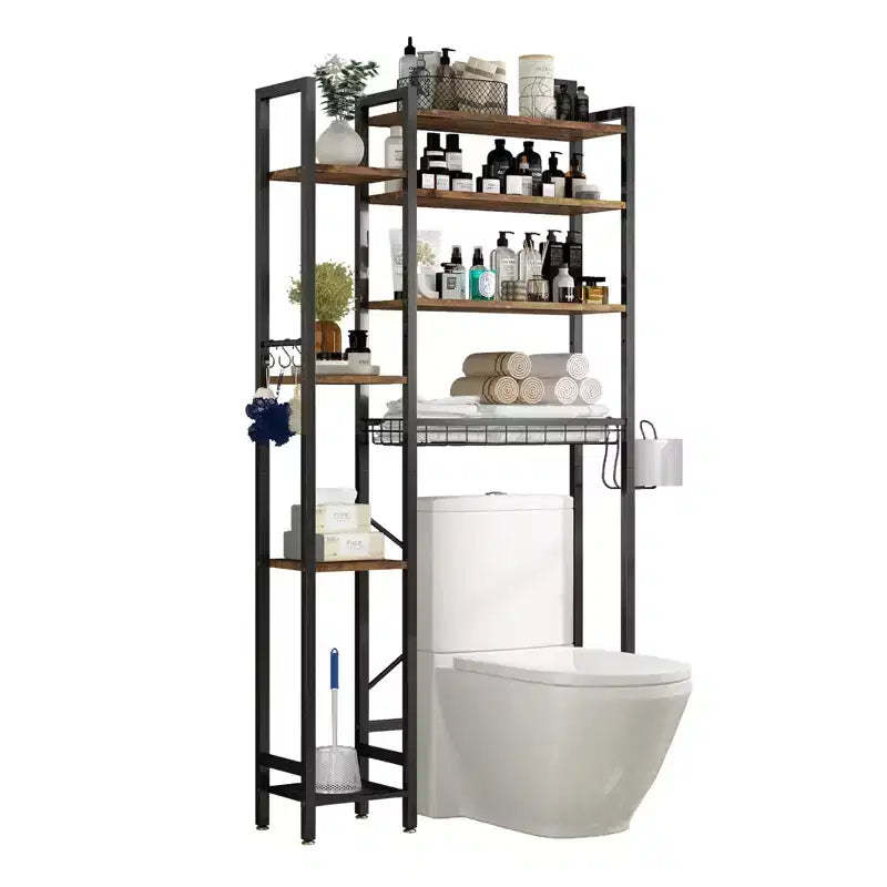 VIYET 38 Fit 8-Tier Over-the-Toilet Storage Rack with Side Racks & Drain Basket, Adjustable Shelf Freestanding Bathroom Organizer (Vintage Brown)