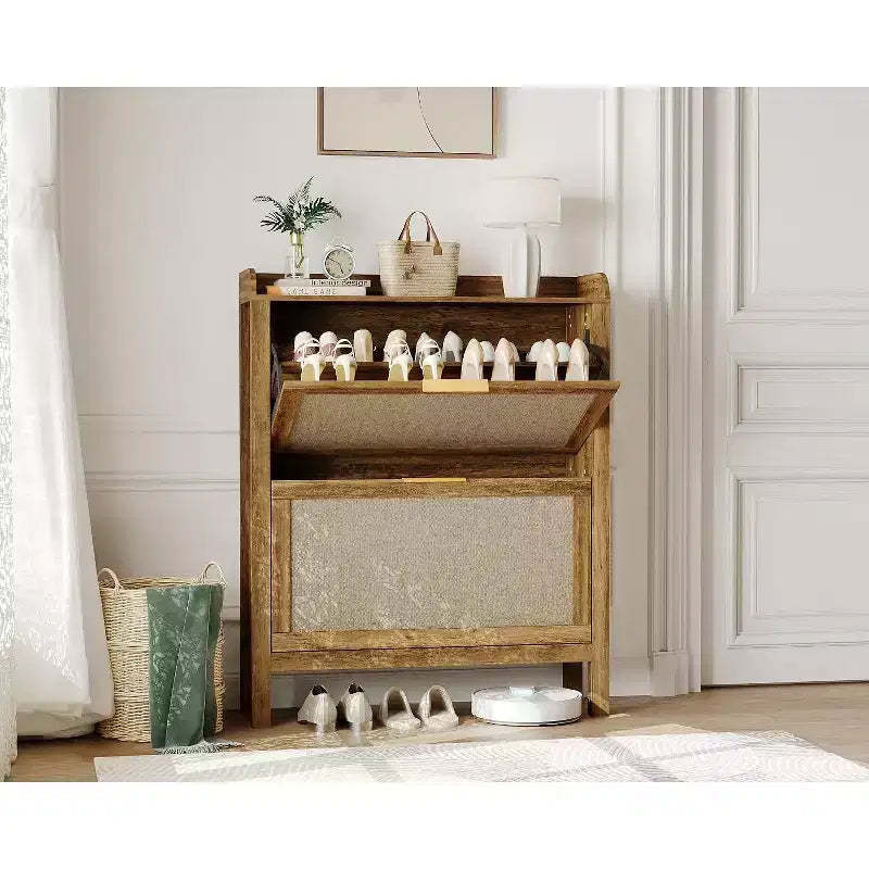 Farmhouse Rattan Shoe Storage Cabinet with 2 Flip Drawers & Wooden Legs - Freestanding Narrow Shoe Rack with Golden Handles for Entryway