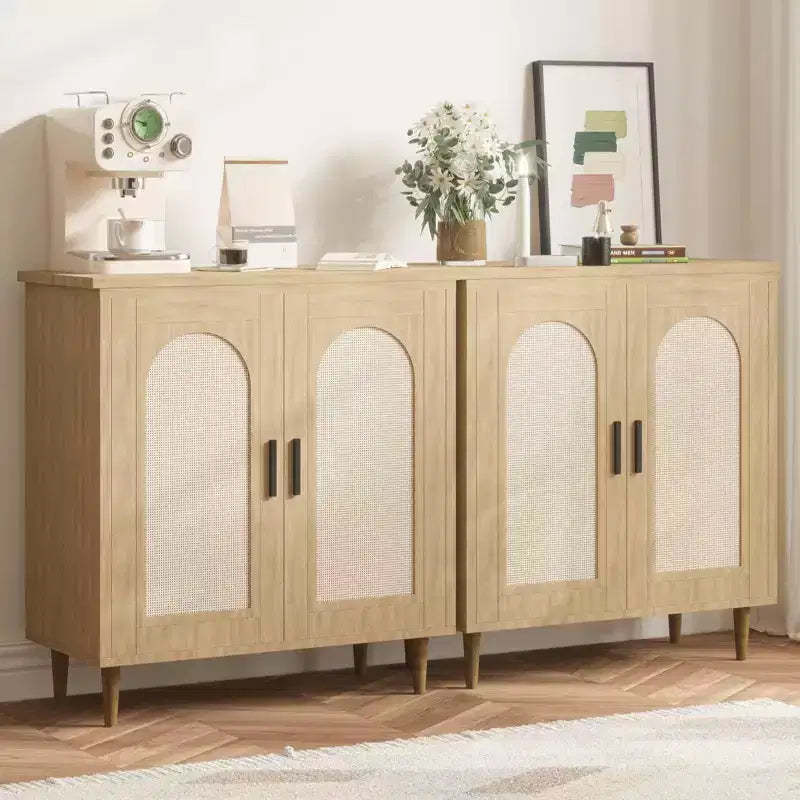 Rattan Buffet Cabinet with Storage, Sideboard Cabinet with 2 Doors and Adjustable Shelves, Boho Wood Cupboard