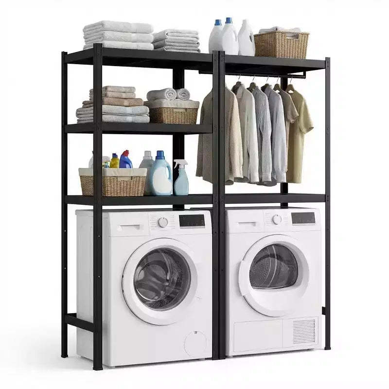 Over Washer and Dryer Storage Shelf, Adjustable 4-Tier Laundry Organizer with Hanging Rods and Hooks for Laundry Room Space Saving