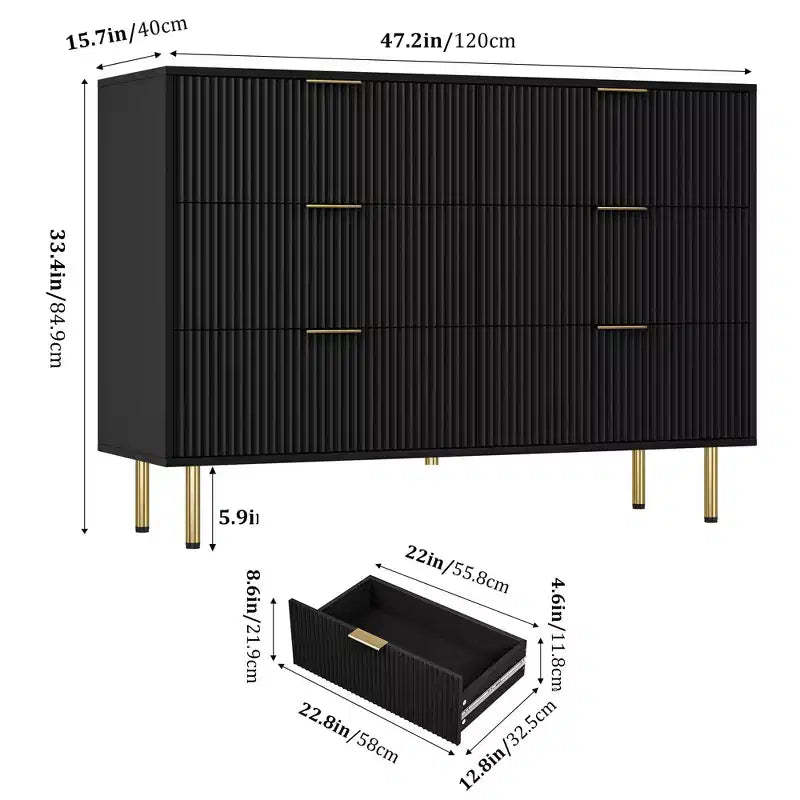 Fluted 7-Drawer Wood Dresser, Modern Black with Gold Handle for Bedroom, Black