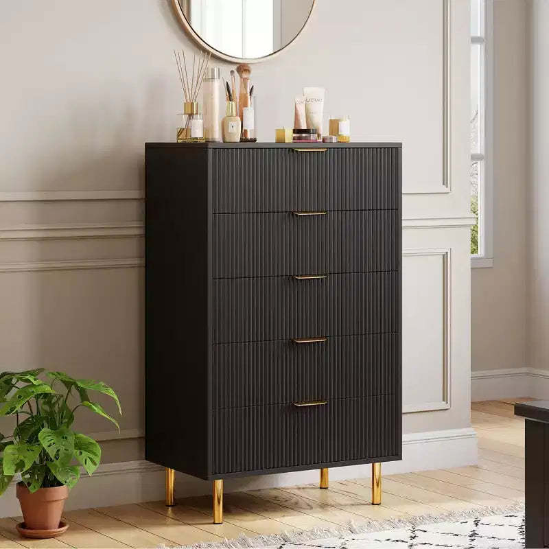 5-Drawer Dresser, 48 Tall Modern Wood Storage Organizer for Bedroom, Black