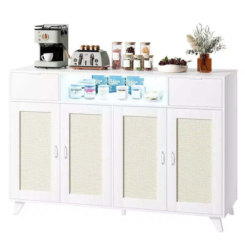 Rattan Cabinet Sideboard Buffet, with 2 Drawers, Power Outlet & LED Lights for Dining Room, White
